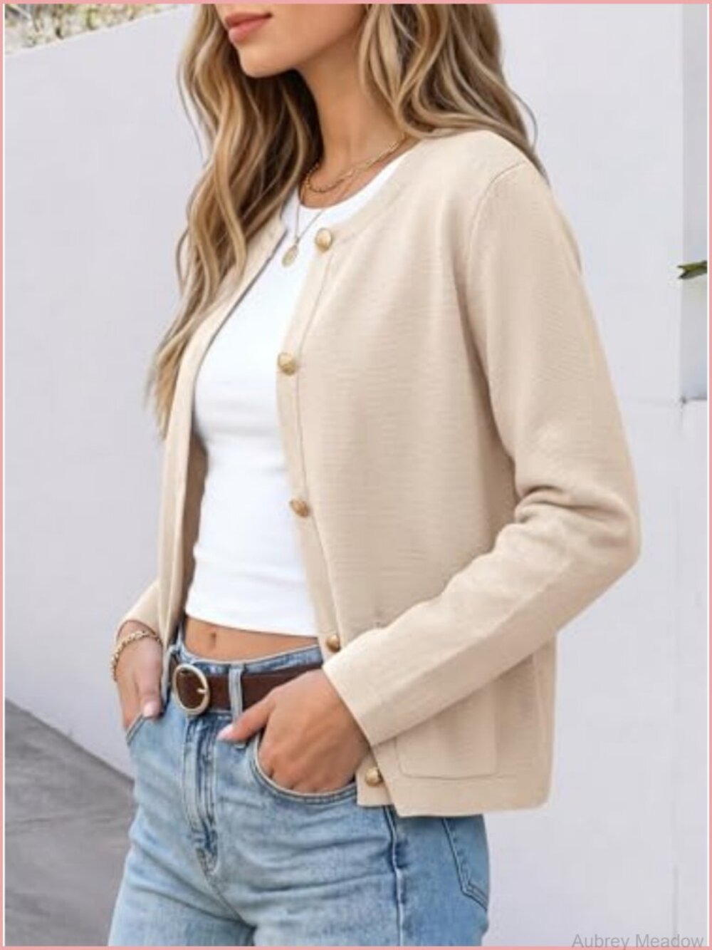 Women's Cropped Cardigan Sweater Button Down Striped Solid - Picture 5 of 7